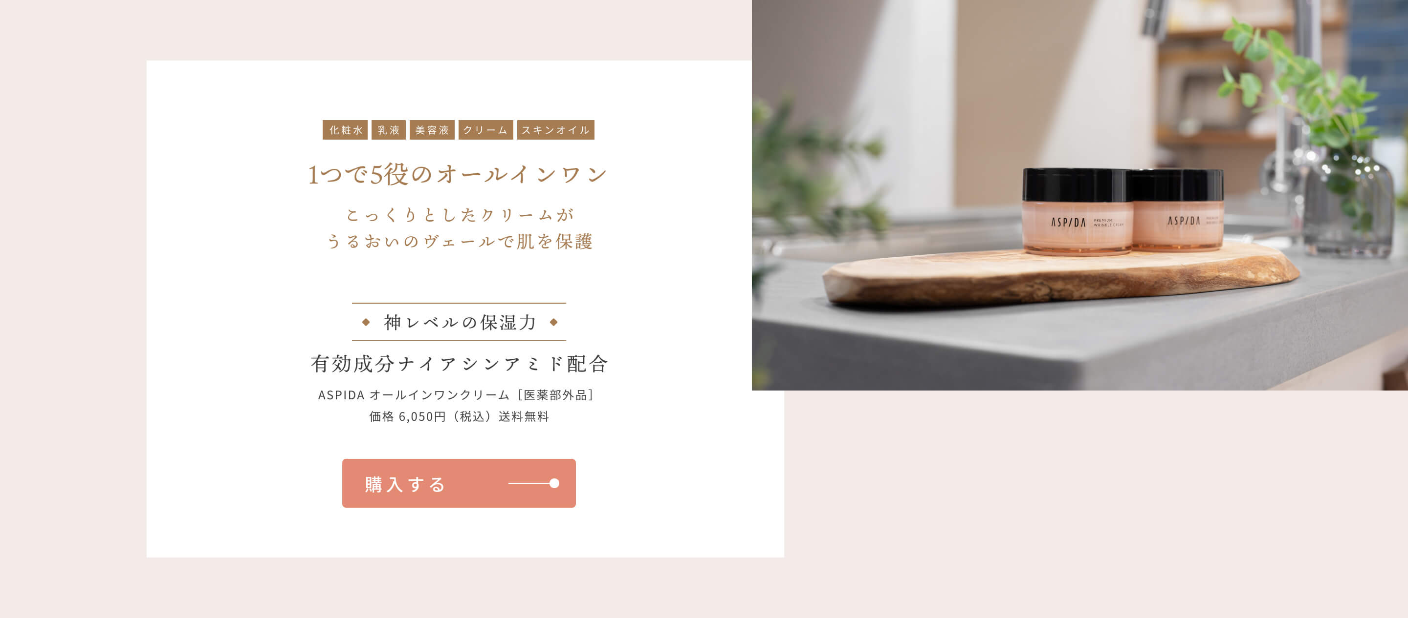 [化粧水][乳液][美容液][クリーム][スキンオイル]1つで5役のオールインワン こっくりとしたクリームがうるおいのヴェールで肌を保護 神レベルの保湿力 有効成分ナイアシンアミド配合 ASPIDA オールインワンクリーム［医薬部外品］価格 6,050円（税込）送料無料 購入する