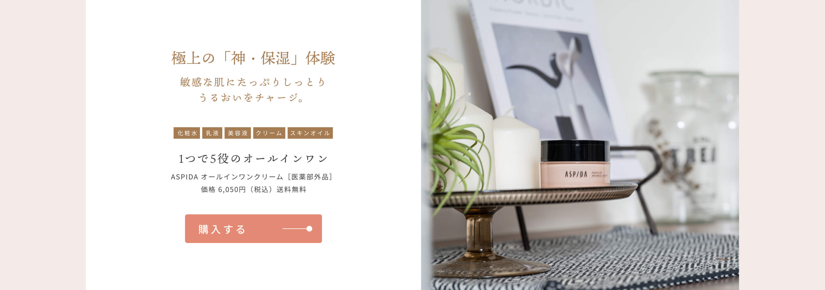 極上の「神・保湿」体験 敏感な肌にたっぷりしっとりうるおいをチャージ [化粧水][乳液][美容液][クリーム][スキンオイル]1つで5役のオールインワン ASPIDA オールインワンクリーム［医薬部外品］価格 6,050円（税込）送料無料 購入する