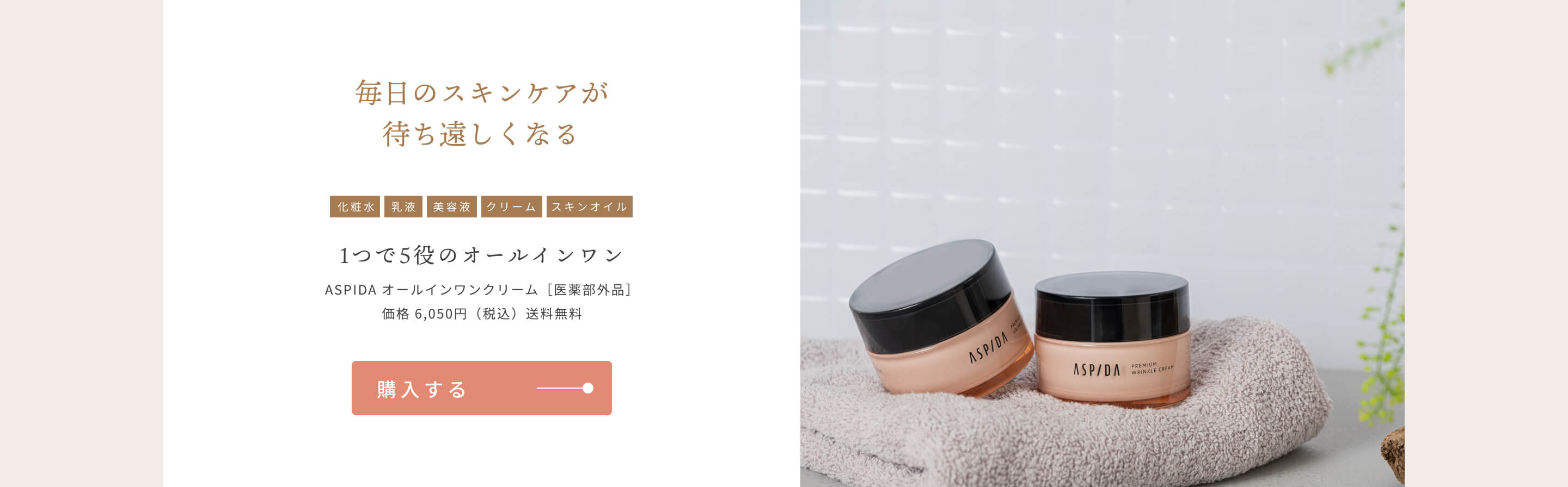 毎日のスキンケアが待ち遠しくなる [化粧水][乳液][美容液][クリーム][スキンオイル]1つで5役のオールインワン ASPIDA オールインワンクリーム［医薬部外品］価格 6,050円（税込）送料無料 購入する